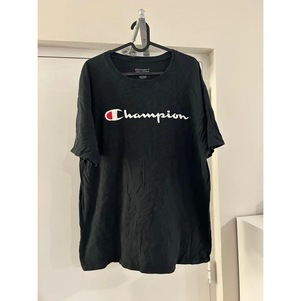 Champion Mens Script Logo Graphic T-Shirt Black Large Short Sleeve Tee - Picture 2 of 7